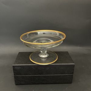 Small Clear Glass Cake Dessert Stand Pedestal Rum Well Gold Rim 5"Dia x 2.75"H